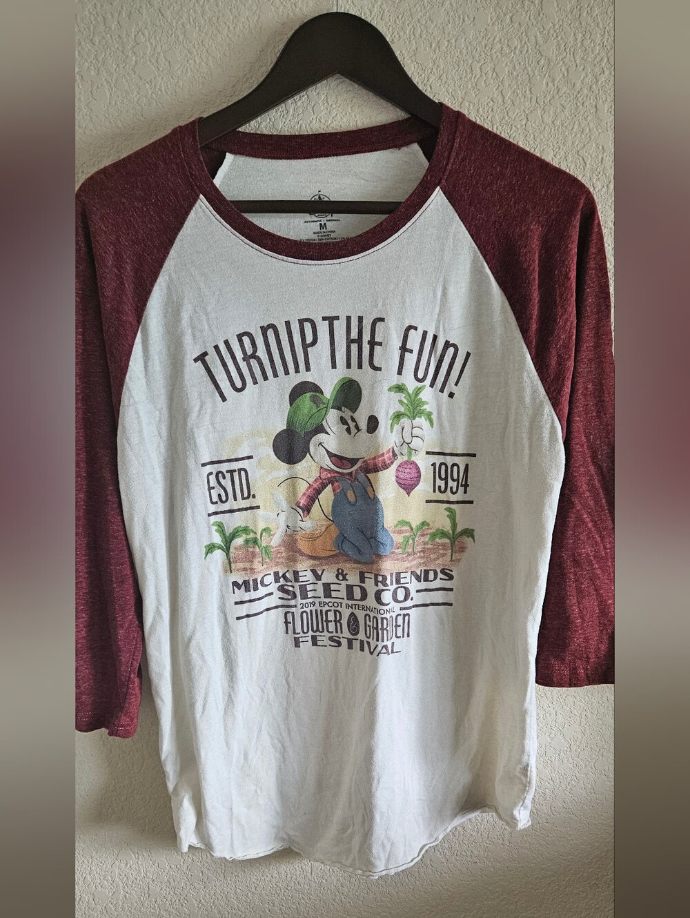 Disney Flower And Garden Tee W/ Maroon Raglan Sleeves and Garden Mickey Graphic